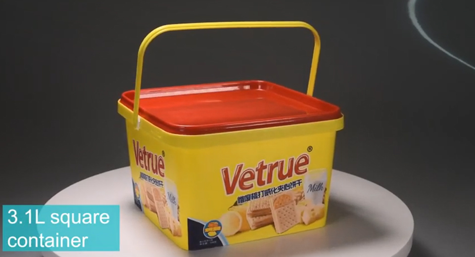 2.5l IML Flexo Printing Biscuit Container With Single Handle Producing Video