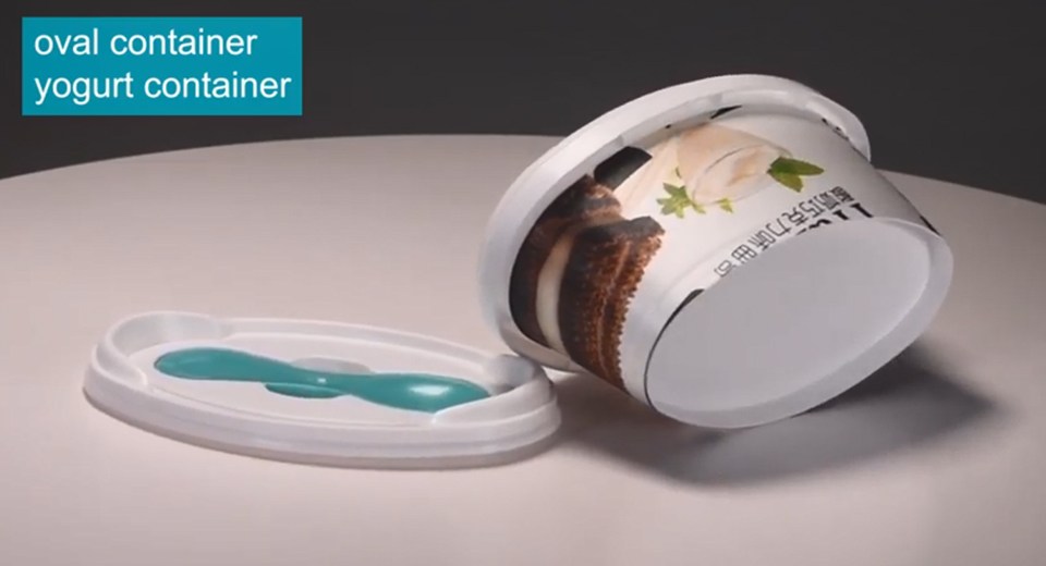 100g Oval IML Plastic Yogurt Container With Lid And Spoon Producing Video
